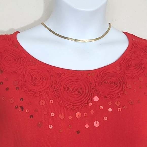 Ruby Rd. Red 3/4 Sleeve Scoop Neck Rose Appliqué Sequin Embellished Sweater Medi - Picture 1 of 4